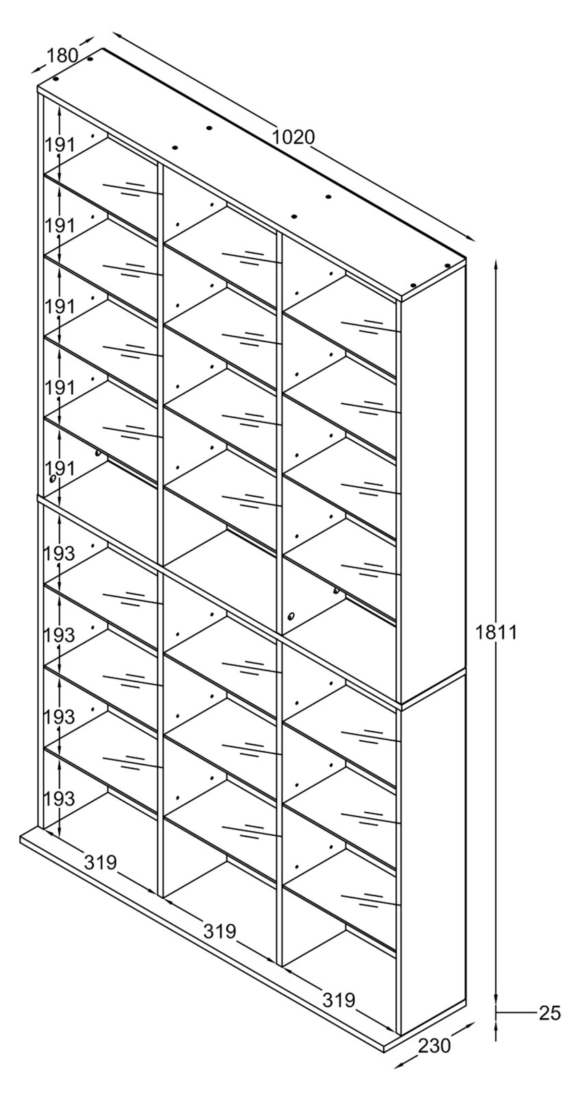 Technische Strichzeichnung eines hohen Regals mit 3 Spalten und mehreren offenen Fächern, inklusive Maßangaben (ca. 1020 mm Breite, 1811 mm Höhe, 230 mm Tiefe), dargestellt in schräger Vorderansicht.