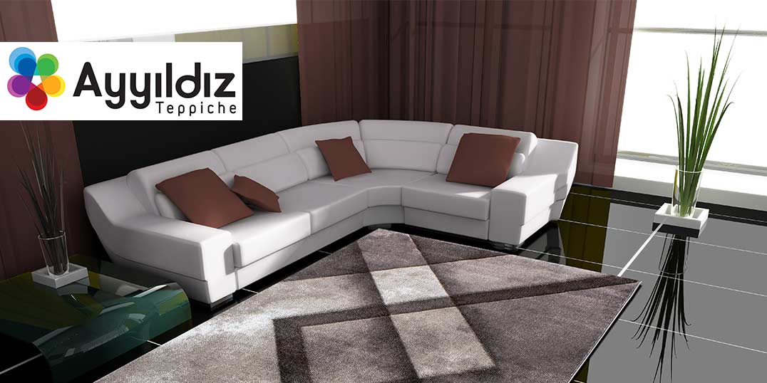 Modernes weißes Sektionssofa mit braunen Kissen, einem geometrischen Teppich und dekorativen Pflanzen.