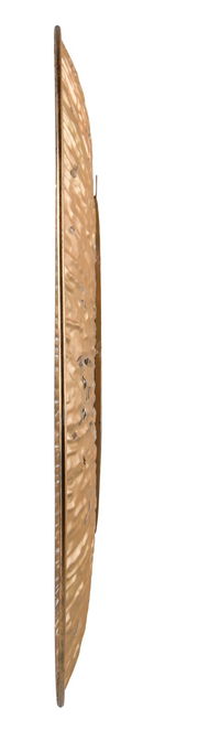 Seitenansicht eines runden Spiegels mit einem dekorativen, strukturierten Rahmen in Goldoptik.