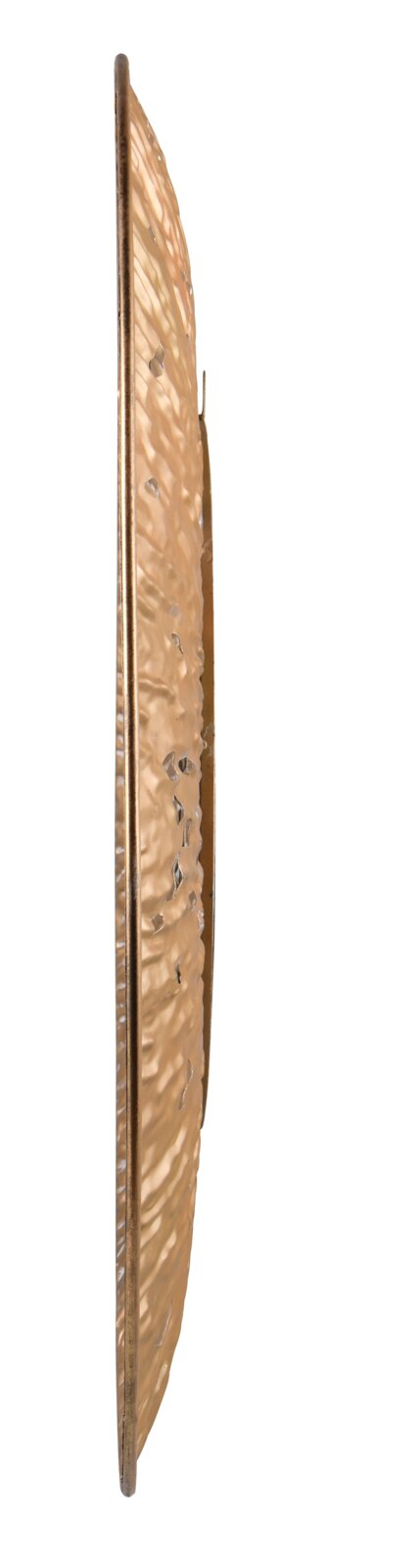 Zijaanzicht van een ronde spiegel met een decoratieve, gestructureerde lijst in goudlook.