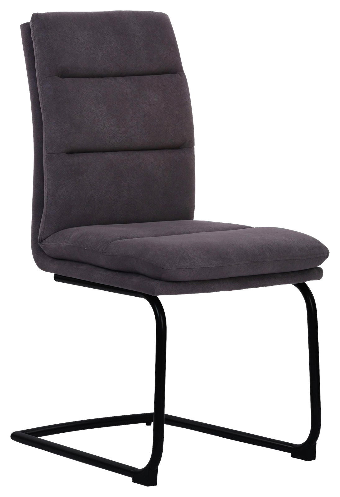 Moderner Freischwinger-Stuhl in Dunkelgrau mit schwarzem Metallgestell, seitliche Perspektive