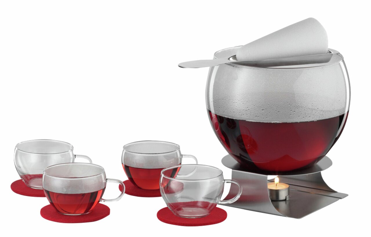 Feuerzangenbowle-Set mit Glaskrug, vier Tassen und Teelicht, seitliche Perspektive