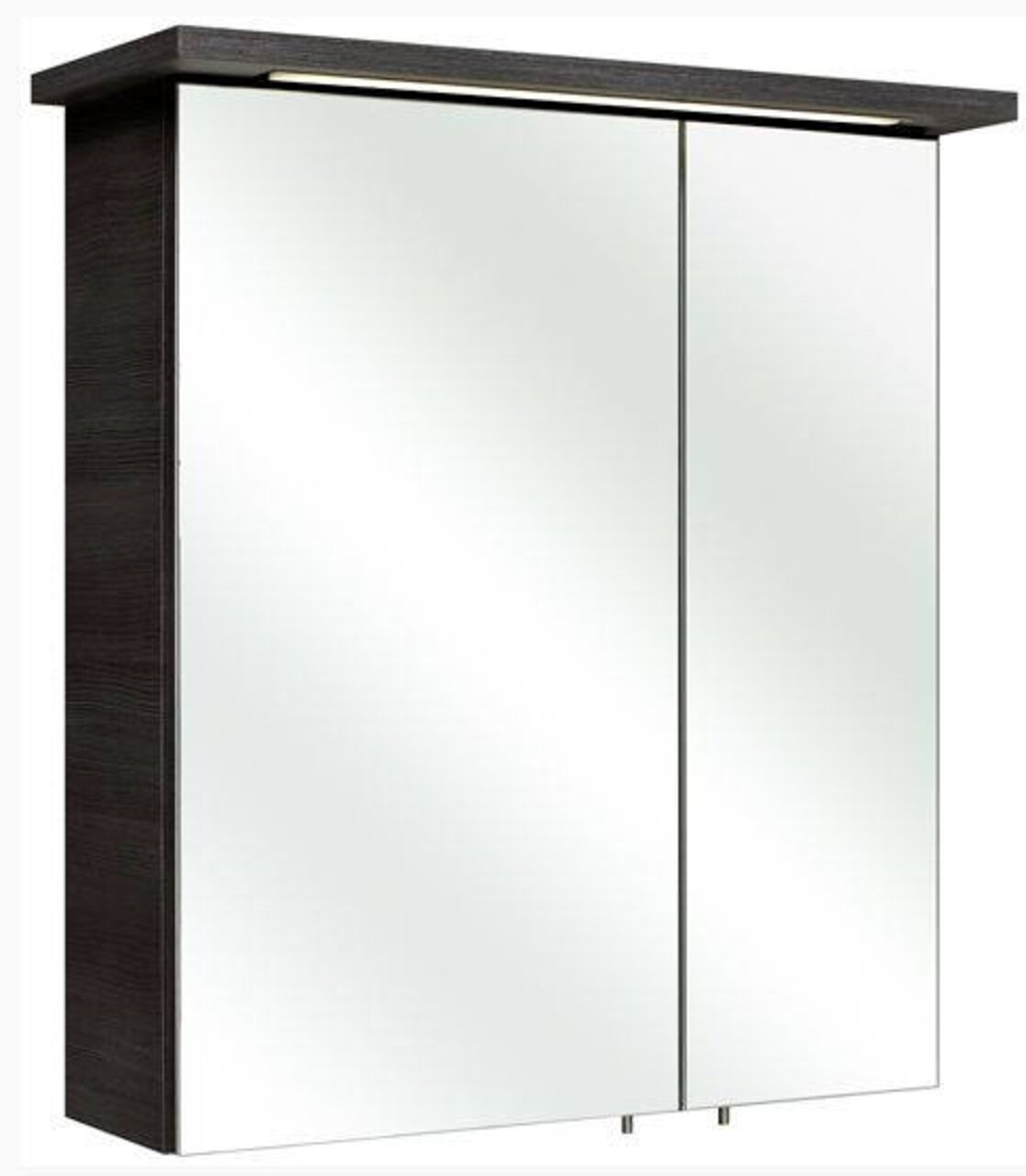 Moderner Spiegelschrank mit zwei Türen und integrierter Beleuchtung, seitliche Perspektive