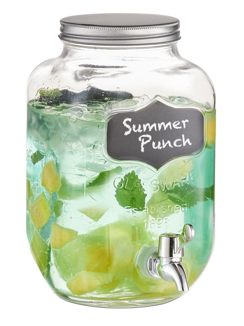 Getränkespender aus Glas mit 3,8 Litern Fassungsvermögen, gefüllt mit Sommerpunsch, aus der Frontalperspektive.