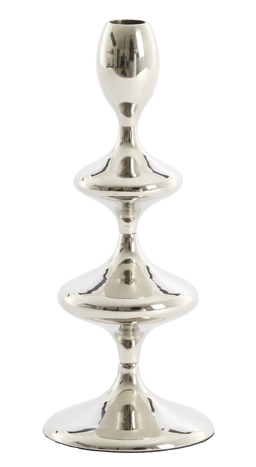 Silberner Kerzenständer mit geschwungenem Design, frontal abgebildet.