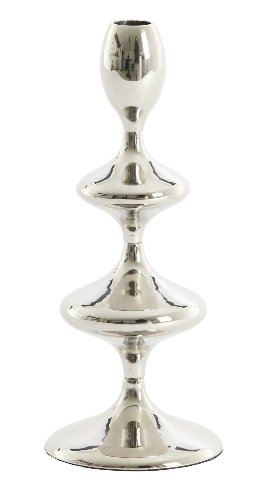 Silberner Kerzenständer mit geschwungenem Design, frontal abgebildet.