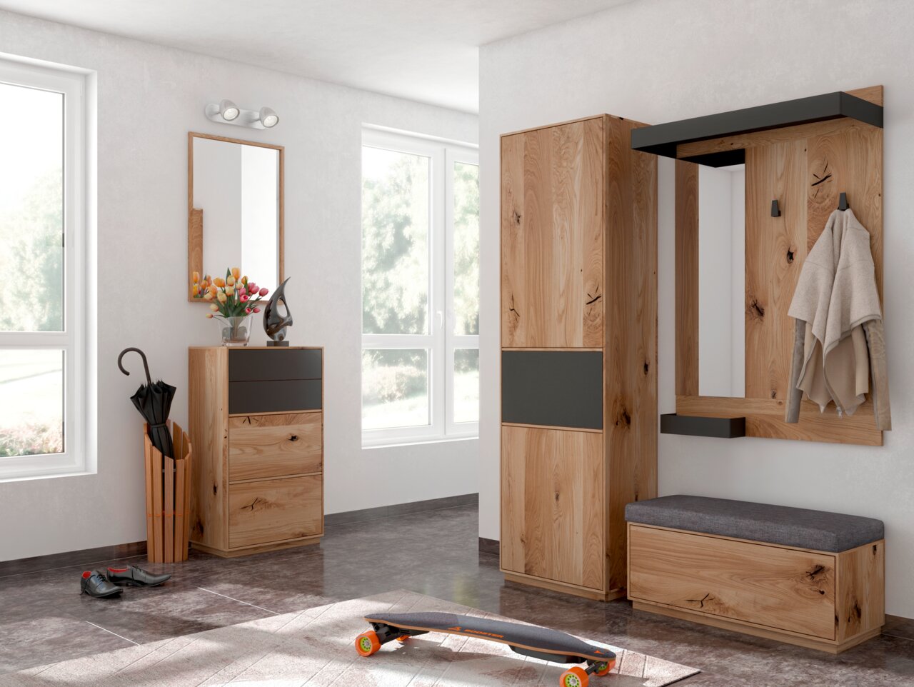 Waldwelt Schuhschrank AVANTI Moderne Garderobeneinrichtung aus Holz mit Schuhschrank, Garderobenpaneel, Spiegel und Sitzbank in einem hellen Raum, seitliche Perspektive.