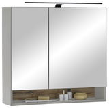 Spiegelschrank mit zwei Türen, LED-Beleuchtung und Ablagefach, Frontalansicht