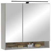 Spiegelschrank mit zwei Türen, LED-Beleuchtung und Ablagefach, Frontalansicht
