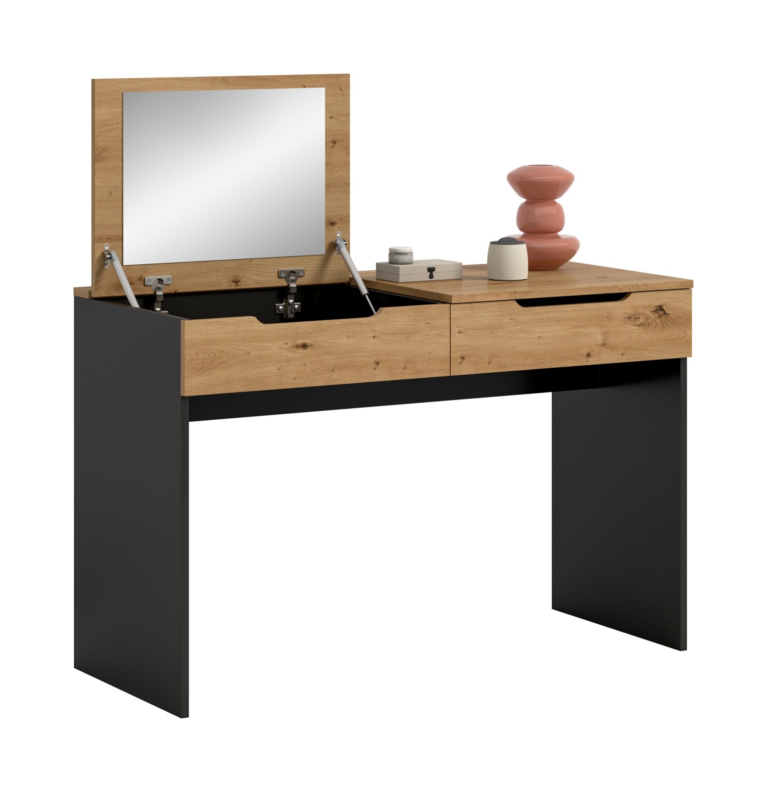 Schminktisch/Frisiertisch in Holzoptik mit schwarzen Seitenteilen, aufklappbarem Spiegel und Schublade, dekoriert mit Vase und Box, freigestellt vor weißem Hintergrund, Perspektive: frontale 3/4-Ansicht von links.