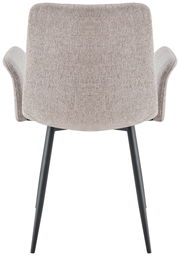 Rückansicht eines Armlehnstuhls mit hellgrauem Stoffbezug und schwarzen Metallbeinen.