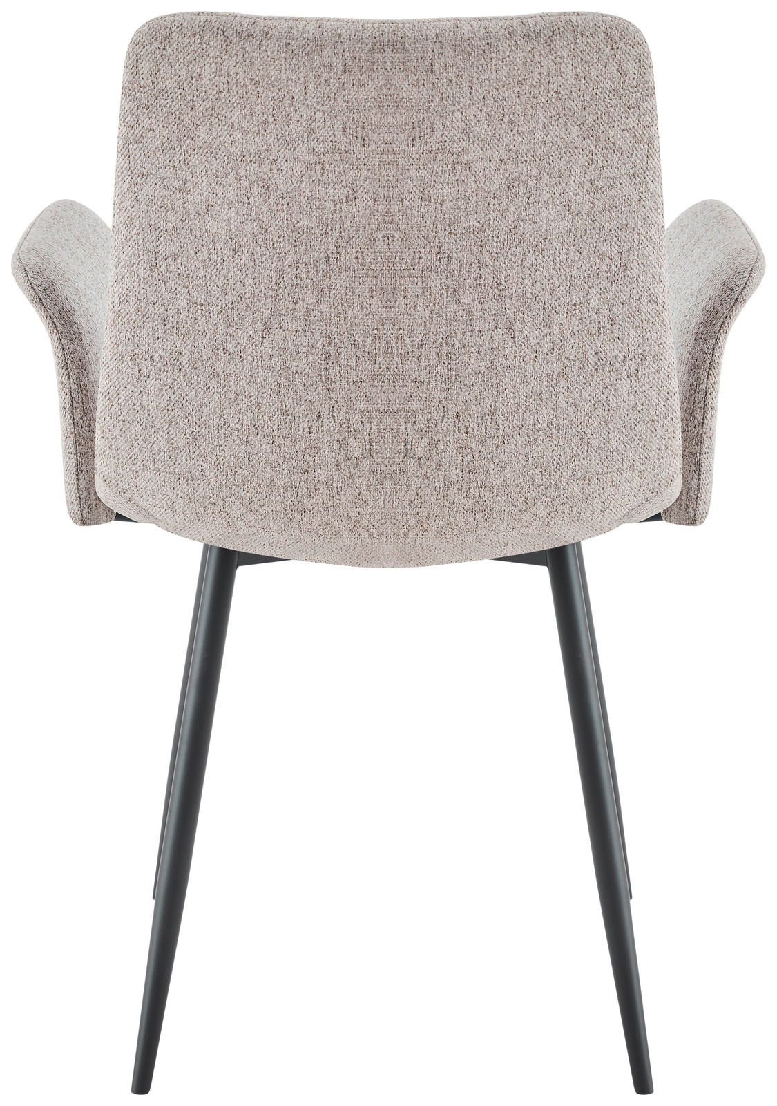 Rückansicht eines Armlehnstuhls mit hellgrauem Stoffbezug und schwarzen Metallbeinen.