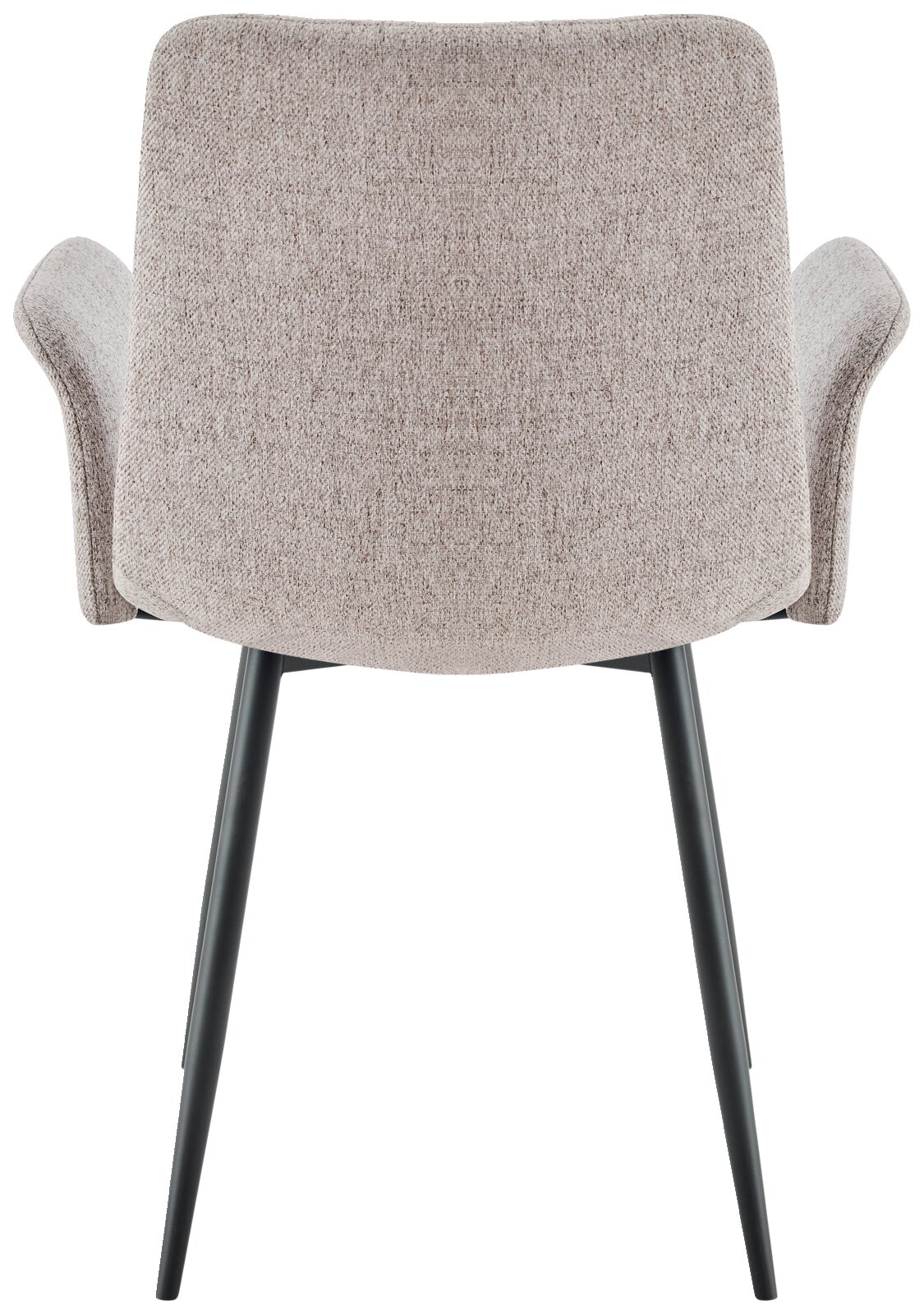 Rückansicht eines Armlehnstuhls mit hellgrauem Stoffbezug und schwarzen Metallbeinen.