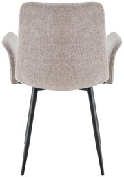 Rückansicht eines Armlehnstuhls mit hellgrauem Stoffbezug und schwarzen Metallbeinen.