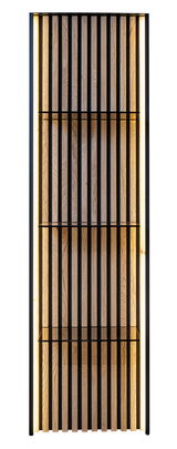 Frontale Ansicht eines beleuchteten Wandpaneels mit vertikalen Holzlatten und Glasregalen.