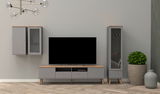 Modernes TV-Board-Set in grauer Farbe mit Holzakzenten, bestehend aus einem TV-Board, zwei Hängeschränken und einem hohen Schrank, frontal betrachtet.