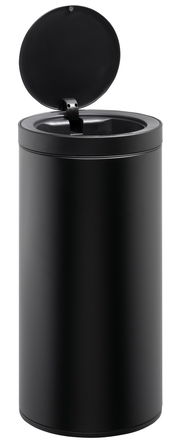 Schwarzer zylindrischer Abfallsammler mit offenem Deckel, Frontalansicht