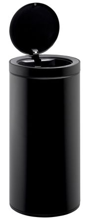 Schwarzer zylindrischer Abfallsammler mit offenem Deckel, Frontalansicht