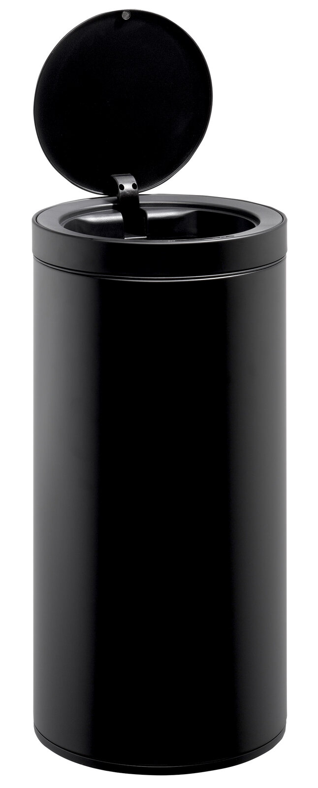 Schwarzer zylindrischer Abfallsammler mit offenem Deckel, Frontalansicht