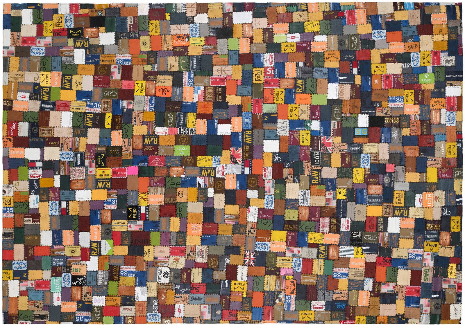 Bunte Lederteppich aus verschiedenen Etiketten in einer Draufsicht