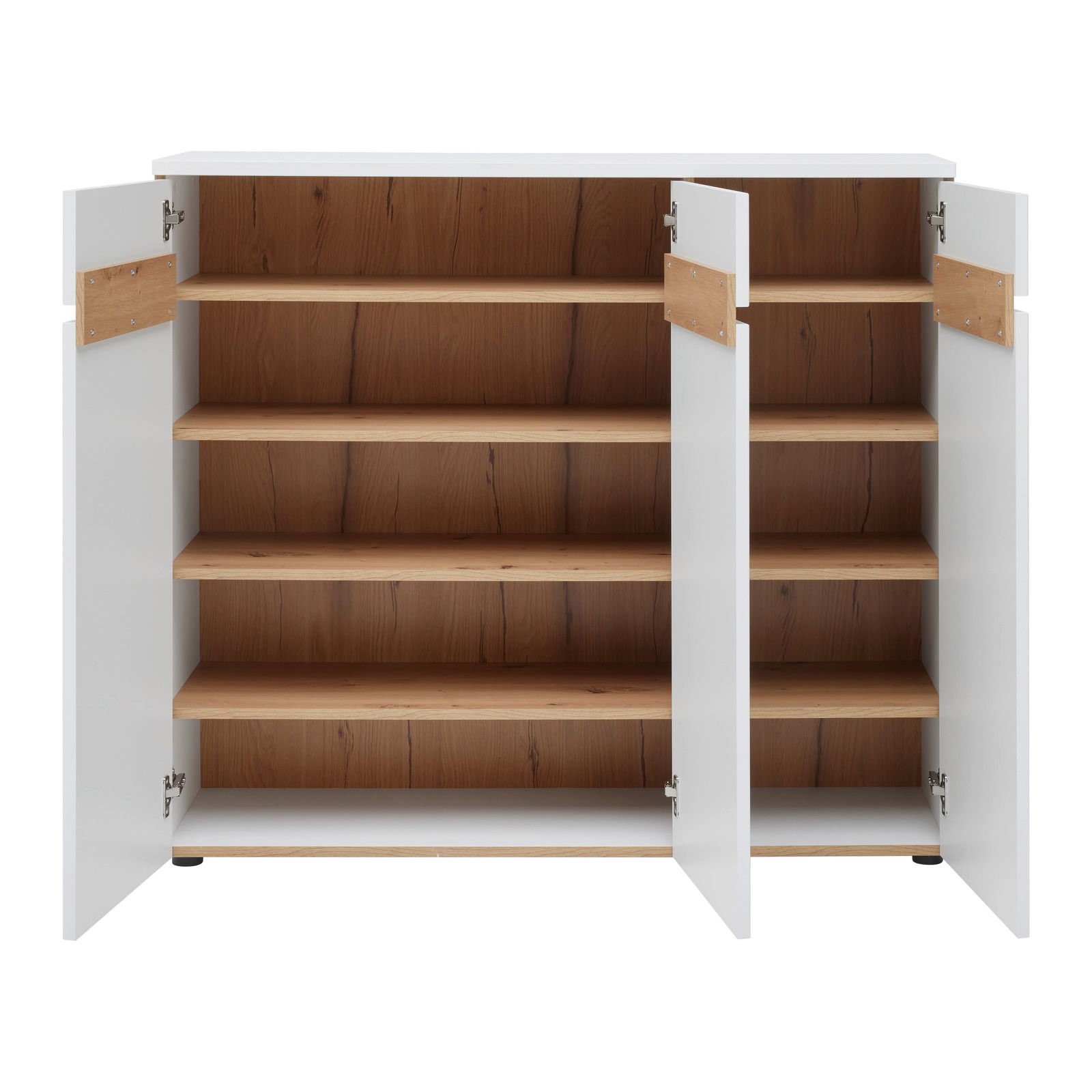 Kommode mit offenen Türen, zeigt mehrere Holzregale in einer weißen Struktur, frontale Perspektive