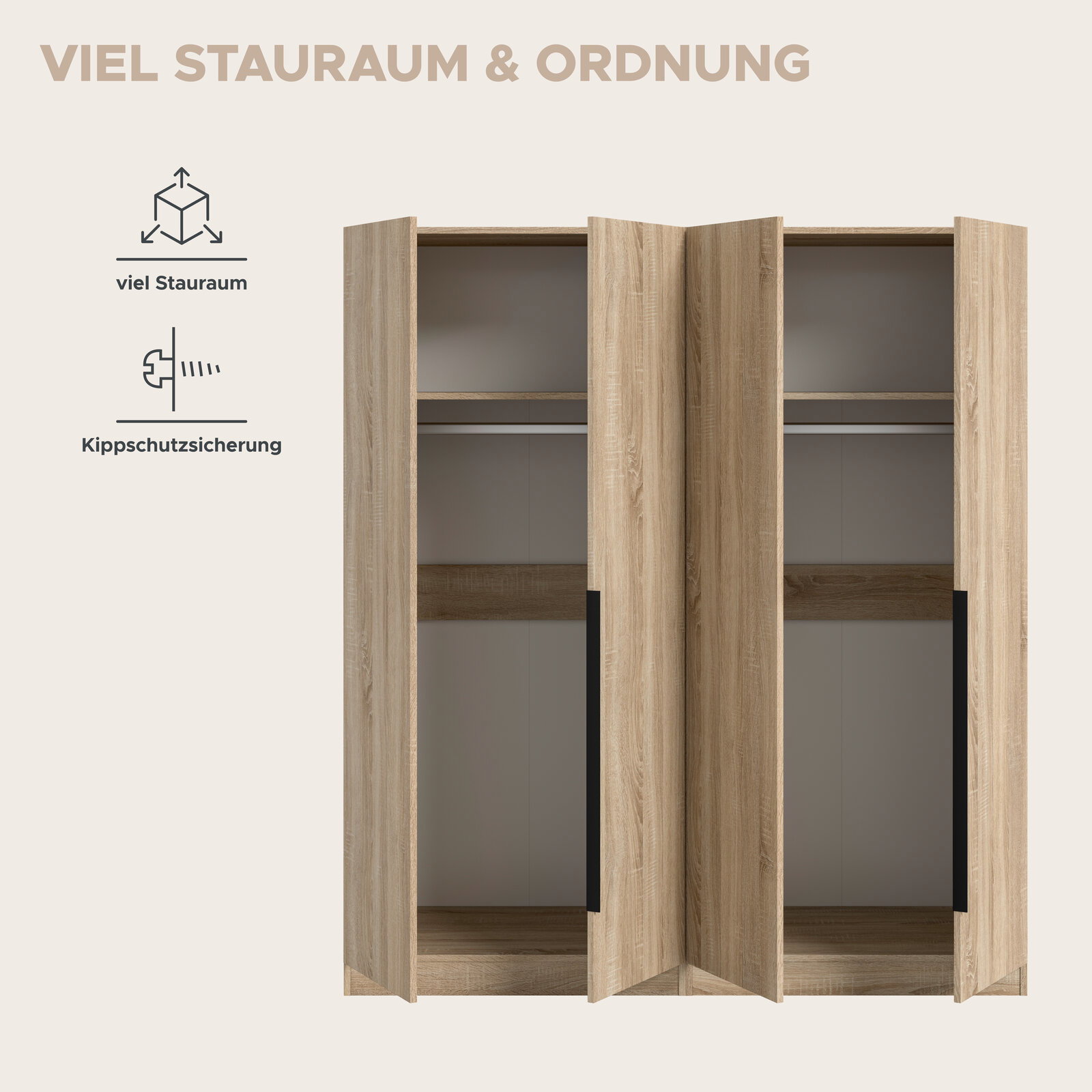 Offener Kleiderschrank in heller Holzoptik mit viel Stauraum, Kleiderstange und Ablagefach, Frontansicht leicht schräg von vorn