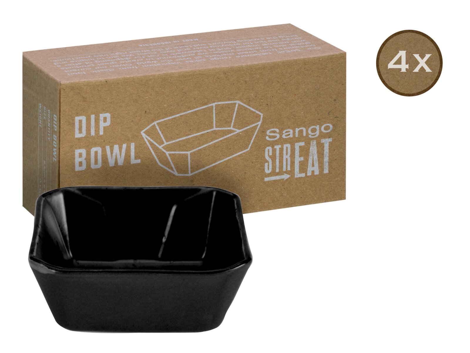 Schwarze, facettierte Dip-Schale aus Keramik vor brauner „sango STREAT“ Dip-Bowl-Verpackung mit 4x-Hinweis, in frontaler leicht erhöhter Perspektive