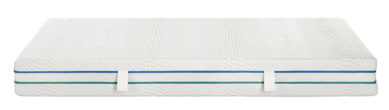 Seitenansicht einer weißen Matratze mit blauen und grünen Streifen, Modell 200x200 fest/extra fest