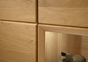 Nahaufnahme einer Wandkombination aus hellem Holz mit sichtbarer Holzmaserung und einem dekorativen Element im Vordergrund.