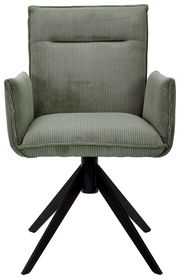 Grüner Armlehnstuhl mit geripptem Stoffbezug und schwarzem Metallgestell, Frontalansicht