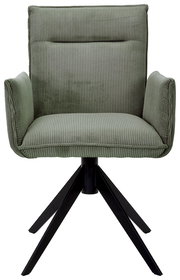 Grüner Armlehnstuhl mit geripptem Stoffbezug und schwarzem Metallgestell, Frontalansicht