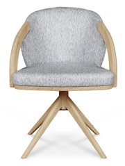 Moderne fauteuil met grijze stoffen bekleding en houten frame, vooraanzicht