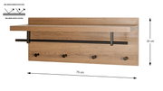 Wandgarderobe in Holzoptik mit Ablage, schwarzer Kleiderstange und vier Haken, Maße ca. 75 x 30 cm, Frontansicht.