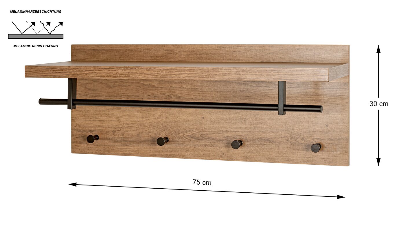 Wandgarderobe in Holzoptik mit Ablage, schwarzer Kleiderstange und vier Haken, Maße ca. 75 x 30 cm, Frontansicht.