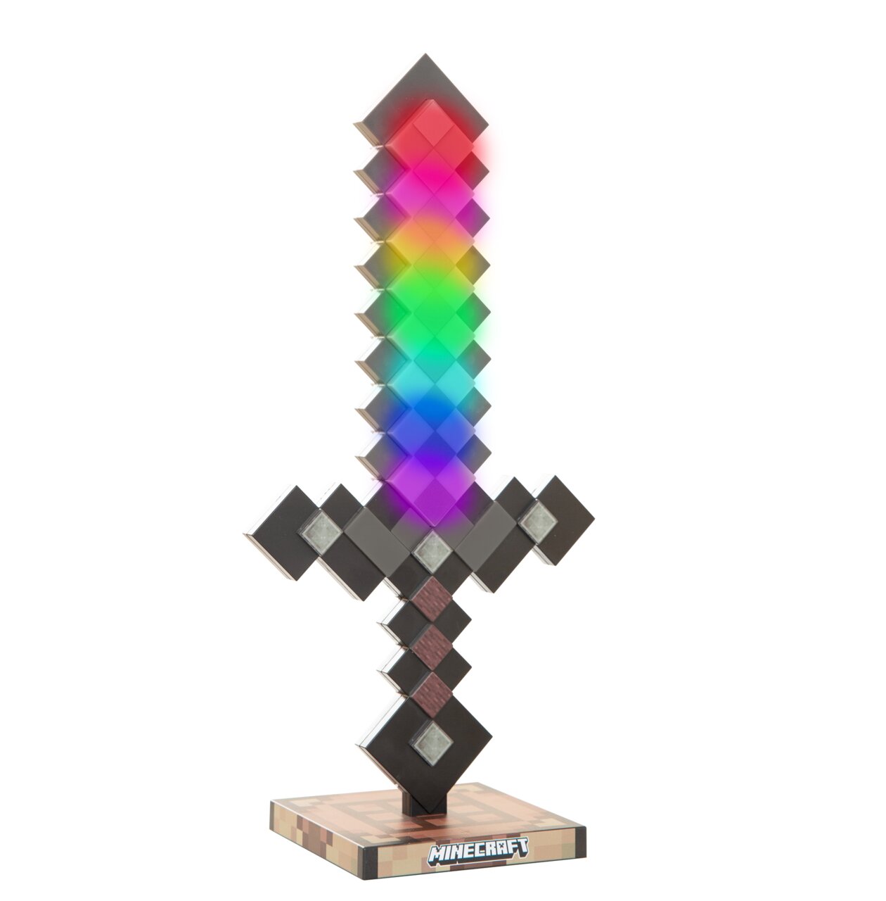 Minecraft Deko-LED in Schwertform mit regenbogenfarben leuchtender Klinge auf quadratischem Standfuß, Frontalansicht