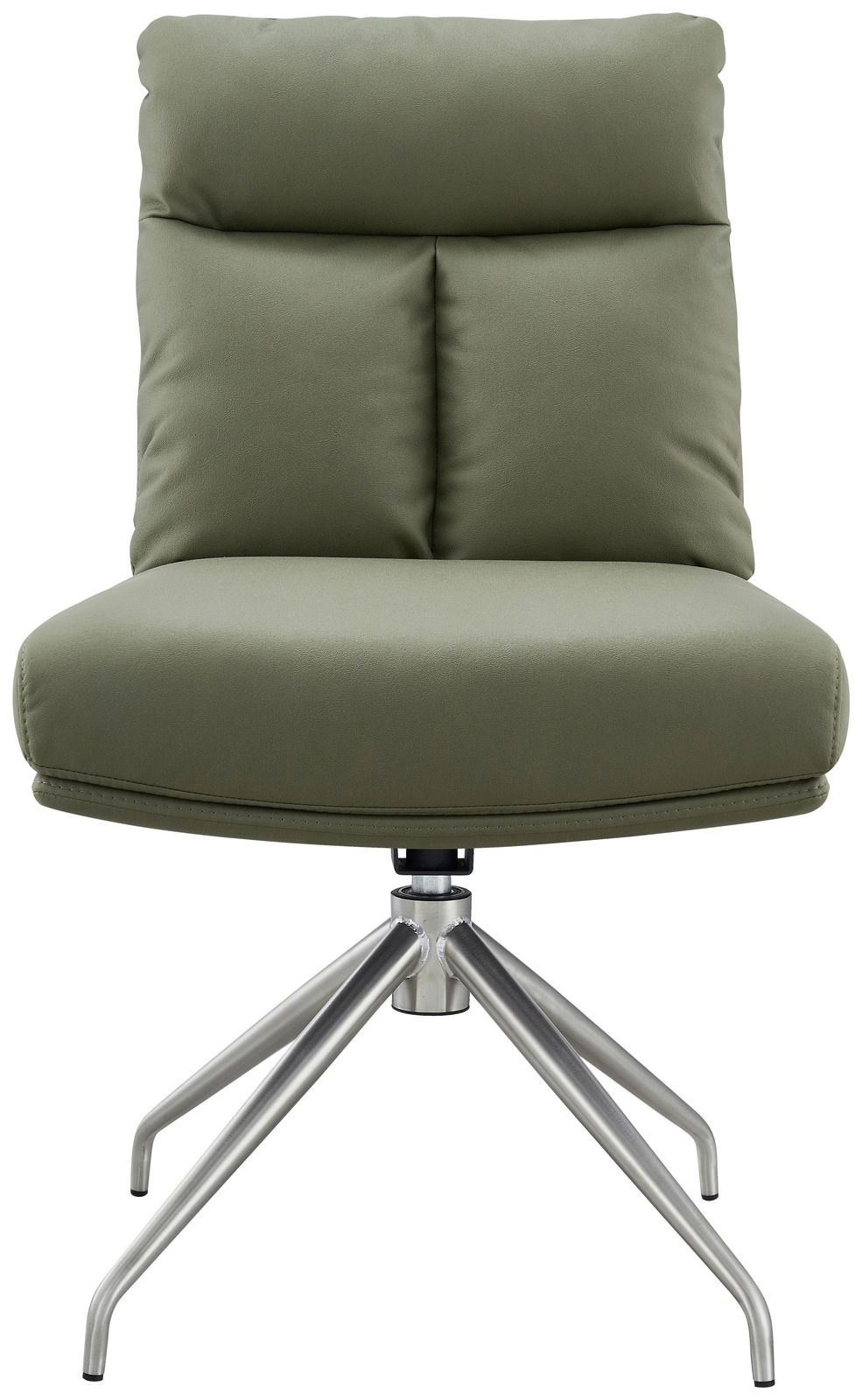 Moderner grüner Stuhl mit gepolsterter Rückenlehne und Metallbeinen, Frontalansicht