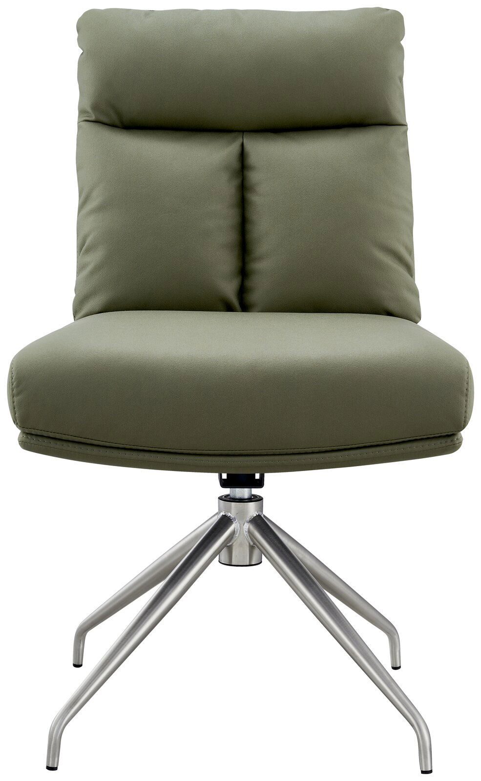 Moderner grüner Stuhl mit gepolsterter Rückenlehne und Metallbeinen, Frontalansicht