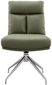 Moderner grüner Stuhl mit gepolsterter Rückenlehne und Metallbeinen, Frontalansicht