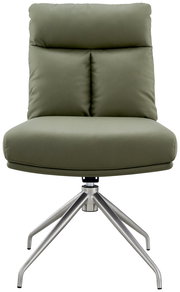 Moderner grüner Stuhl mit gepolsterter Rückenlehne und Metallbeinen, Frontalansicht