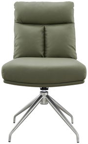 Moderner grüner Stuhl mit gepolsterter Rückenlehne und Metallbeinen, Frontalansicht