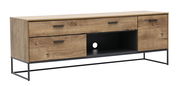 TV-Unterteil aus Holz mit zwei Schubladen und einem offenen Fach, seitliche Perspektive