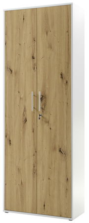Aktenschrank mit Holzoptik, zwei Türen und silbernen Griffen, Frontalansicht