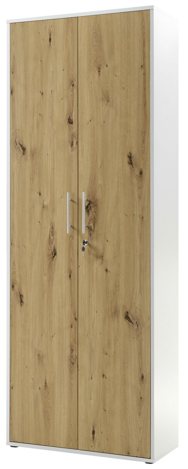 Aktenschrank mit Holzoptik, zwei Türen und silbernen Griffen, Frontalansicht