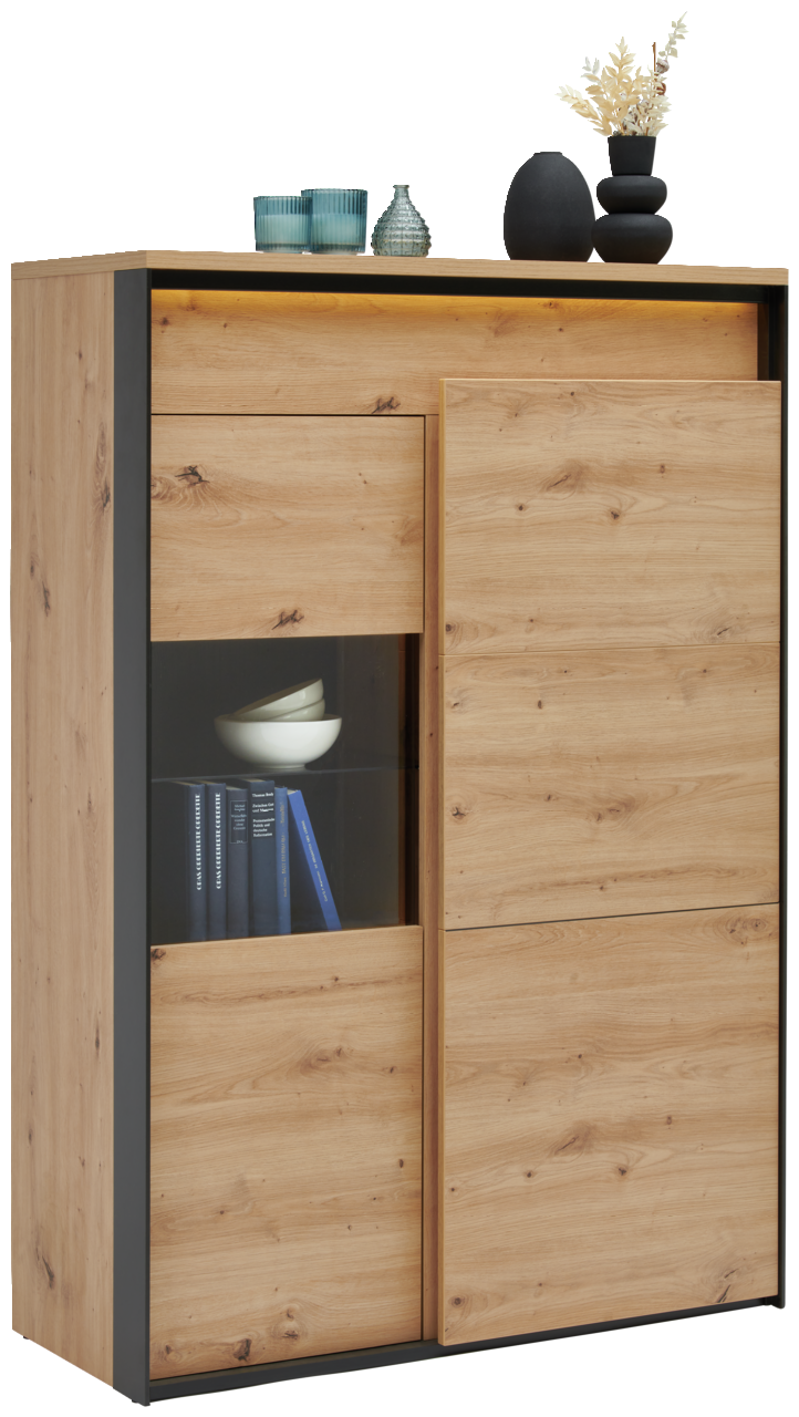 Hom´in Highboard Modernes Highboard aus Holz mit Glasvitrine, dekoriert mit Vasen und Büchern, seitliche Perspektive