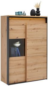 Modernes Highboard aus Holz mit Glasvitrine, dekoriert mit Vasen und Büchern, seitliche Perspektive