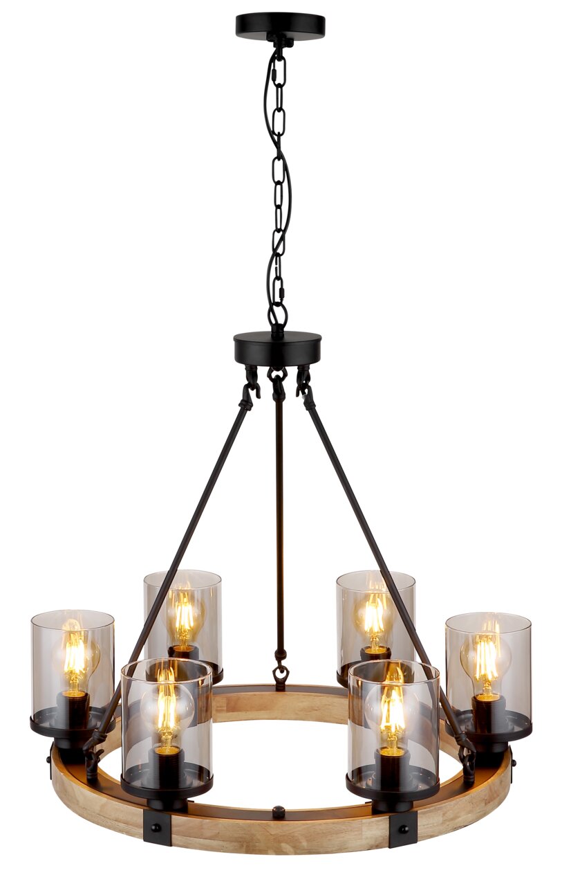 Globo Lighting Hängeleuchte LILA Hängeleuchte mit sechs Glühbirnen in einem runden Holzrahmen, seitliche Perspektive