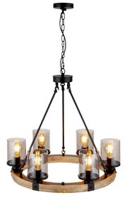 Hängeleuchte mit sechs Glühbirnen in einem runden Holzrahmen, seitliche Perspektive