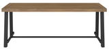 Moderner Gartentisch mit Holzplatte und schwarzem Metallgestell, Frontalansicht