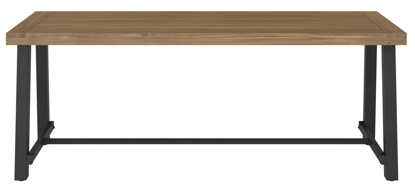 Moderner Gartentisch mit Holzplatte und schwarzem Metallgestell, Frontalansicht