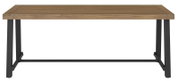 Moderner Gartentisch mit Holzplatte und schwarzem Metallgestell, Frontalansicht